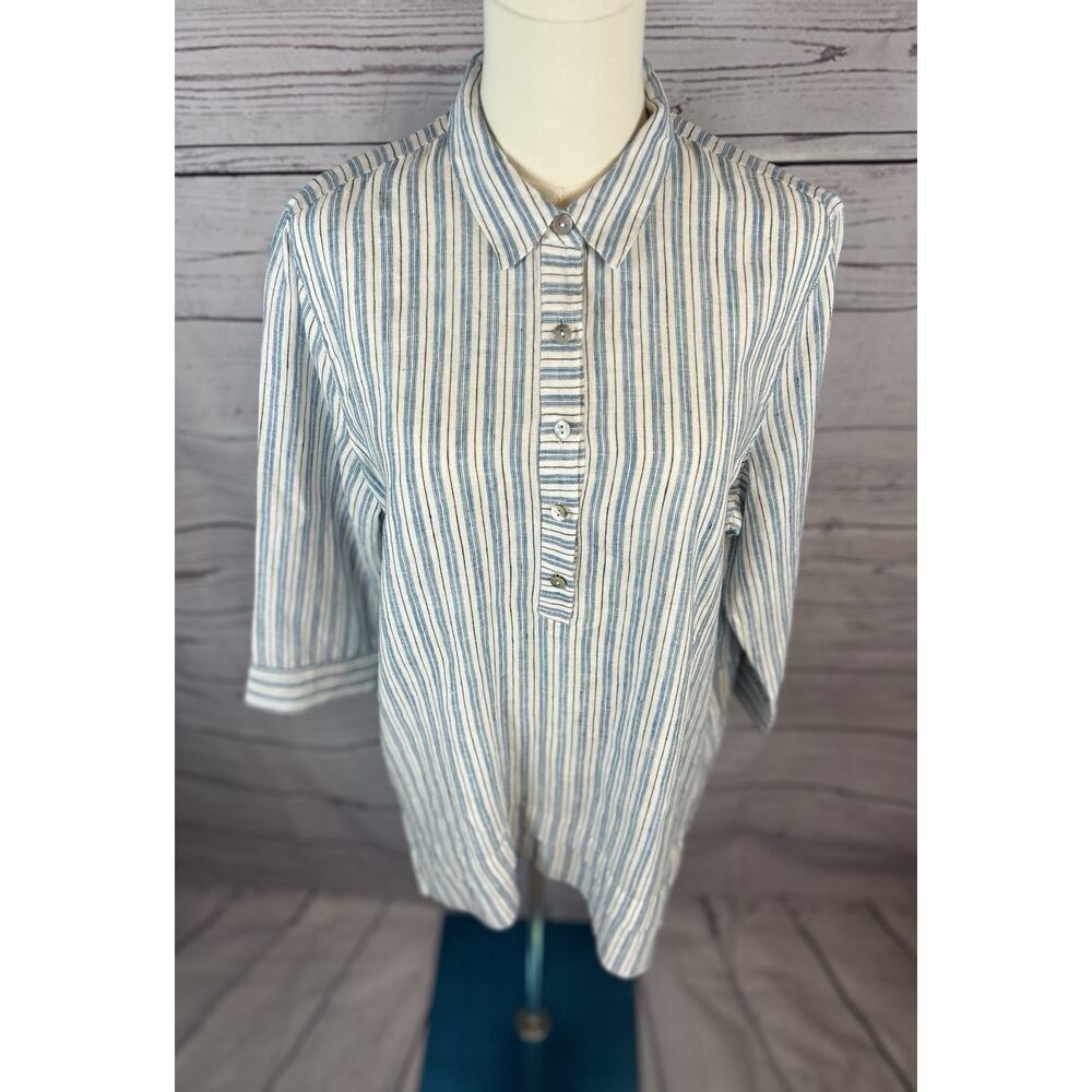 J. Jill Shirt Womens Medium Blue White Stripe Love Linen Popover Tunic Coastal - Picture 2 of 7
